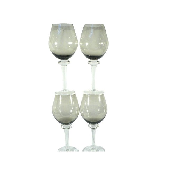 Wine Glass Goblet Smoked Gray Clear Stem Set of 4 Vintage Glassware 10" - Picture 5 of 15